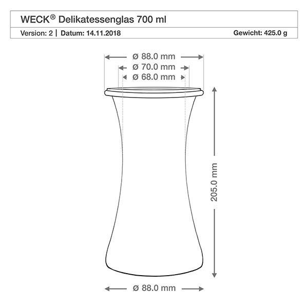 WECK RR80 Delikatessenglas 700ml technische Zeichnung mit Maßangaben Durchmesser 88mm Höhe 205mm Gewicht 425g