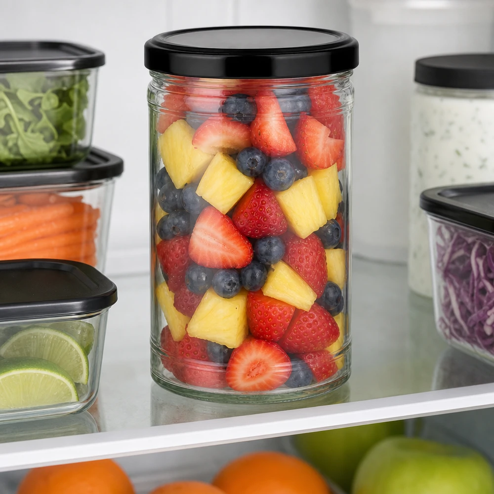 Bocal de 1053 ml avec couvercle noir plein de salade de fruits dans le réfrigérateur à côté d'autres bocaux de légumes.