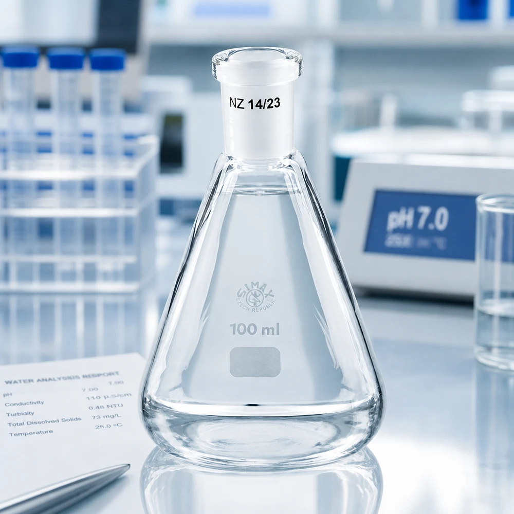 Erlenmeyer 100 ml col étroit, verre borosilicate avec rodage normalisé 14/23