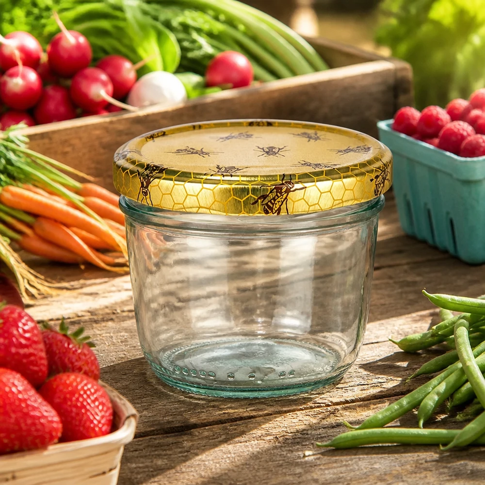 Verre renversé de 230 ml avec couvercle en nid d'abeille entouré de légumes et de fruits frais sur une table en bois rustique