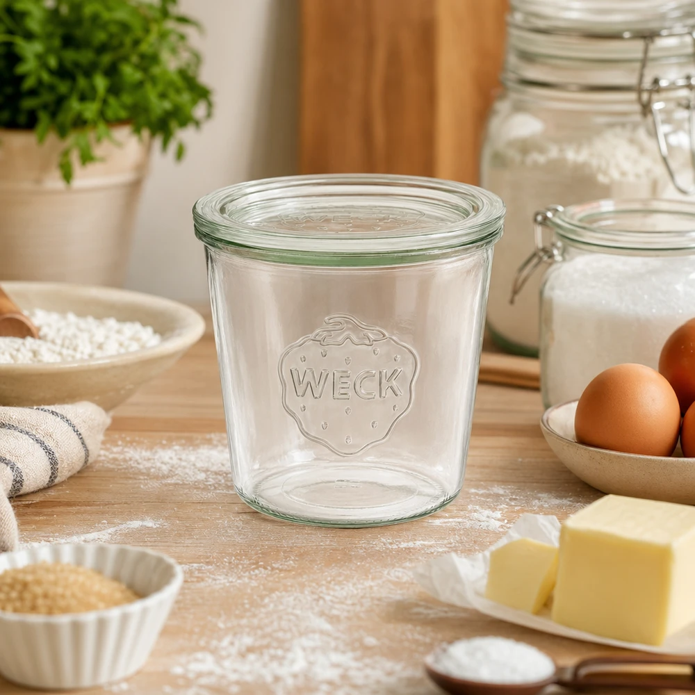 WECK 580ml verre renversé RR100 vide sur plan de travail en bois entre les ingrédients de cuisson comme la farine les œufs et le beurre dans la cuisine