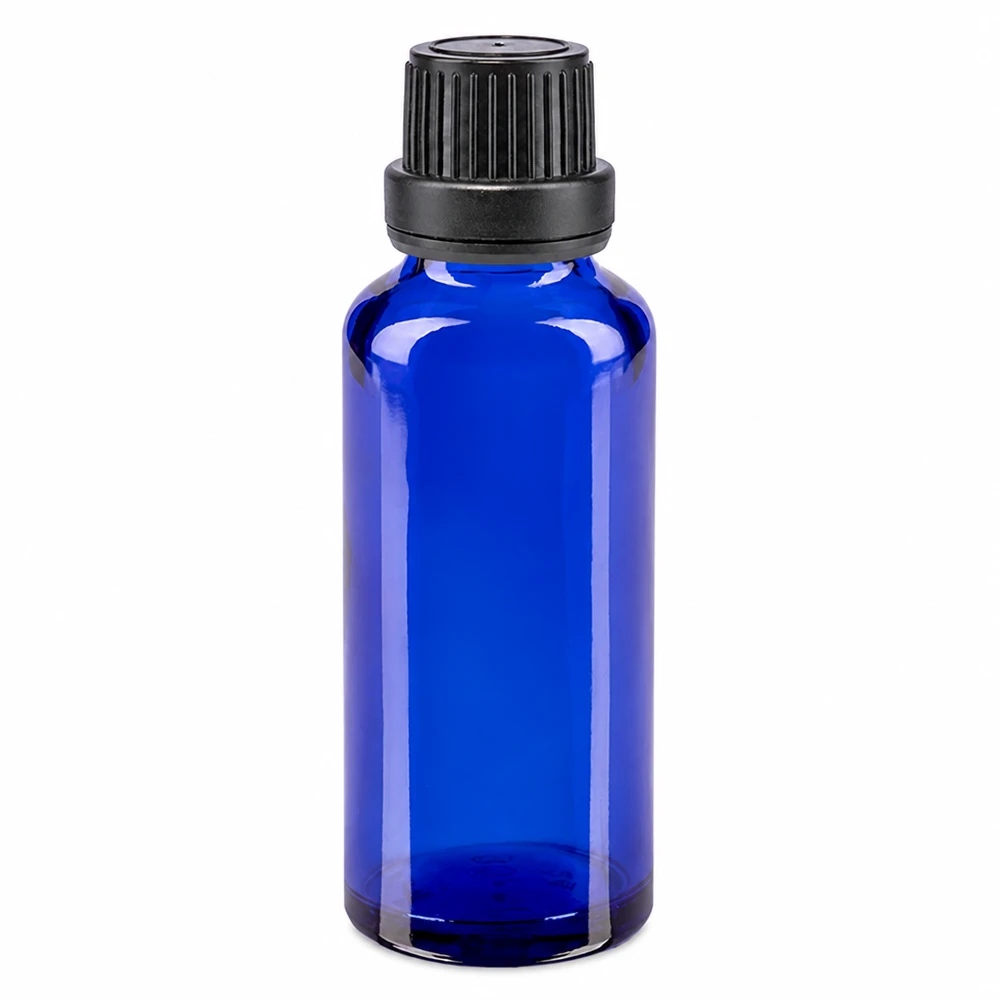 Flacon de pharmacie en verre bleu de 30 ml avec bouchon à vis noir de 11 mm pour huiles essentielles