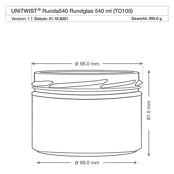UNiTWIST Runda540 Verre renversé 540ml TO100 Dessin technique Dimensions Diamètre 98mm Hauteur 81mm Spécification du produit