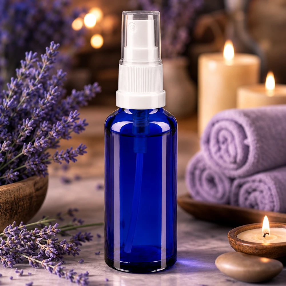 Flacon de pharmacie bleu 10ml embout spray noir Flacon pulvérisateur en verre borosilicaté bleu de 10 ml avec pompe blanche, décoré de fleurs de lavande