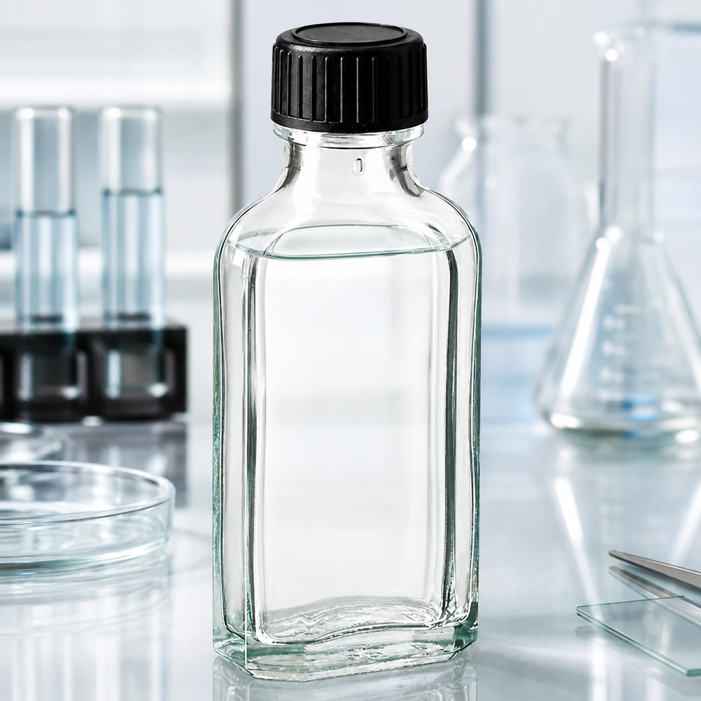 Flasque transparente de 50 ml au goulot DIN 22, avec bouchon à vis DIN 22 noir et joint LKD Flacon Meplat de 50 ml en verre transparent avec bouchon à vis rainuré, utilisé en milieu de laboratoire