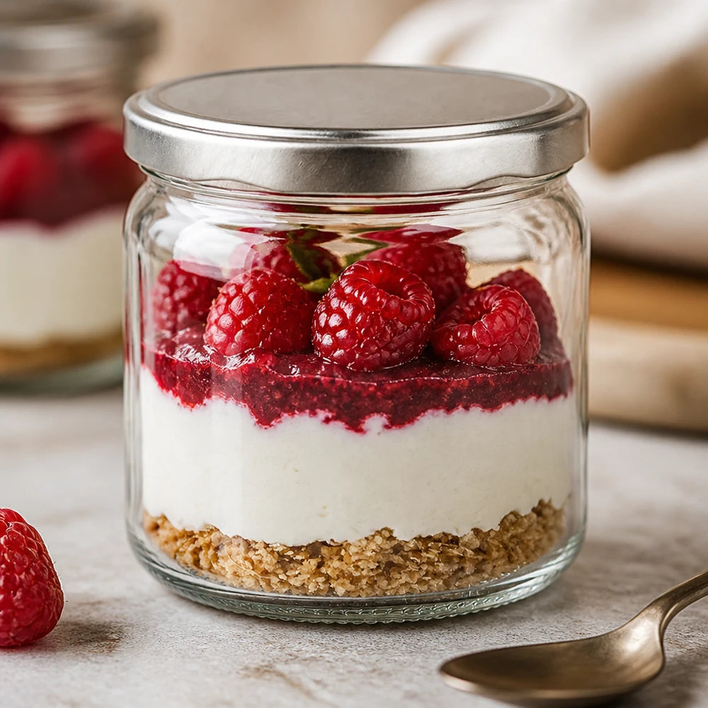 408ml Verre rond avec couvercle BasicSeal argent UNiTWIST Verre rond BasicSeal argent de 408ml comme verre à dessert avec couche de dessert framboise fond biscuit mascarpone Verre à dessert