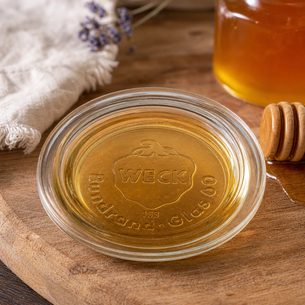 Couvercle de verre RR60 WECK WECK Couvercle en verre RR60 Détail avec logo de la marque en relief et miel sur surface en bois Lifestyle Photographie de produit