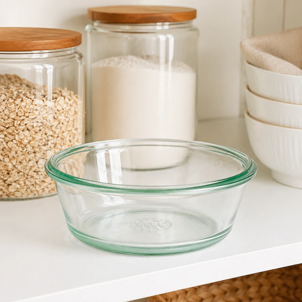 Bocal en verre gourmet WECK RR120 de 300 ml WECK RR120 Verre à gourmet 300ml vide sur le plan de travail blanc de la cuisine à côté des bocaux à provisions montre un design clair
