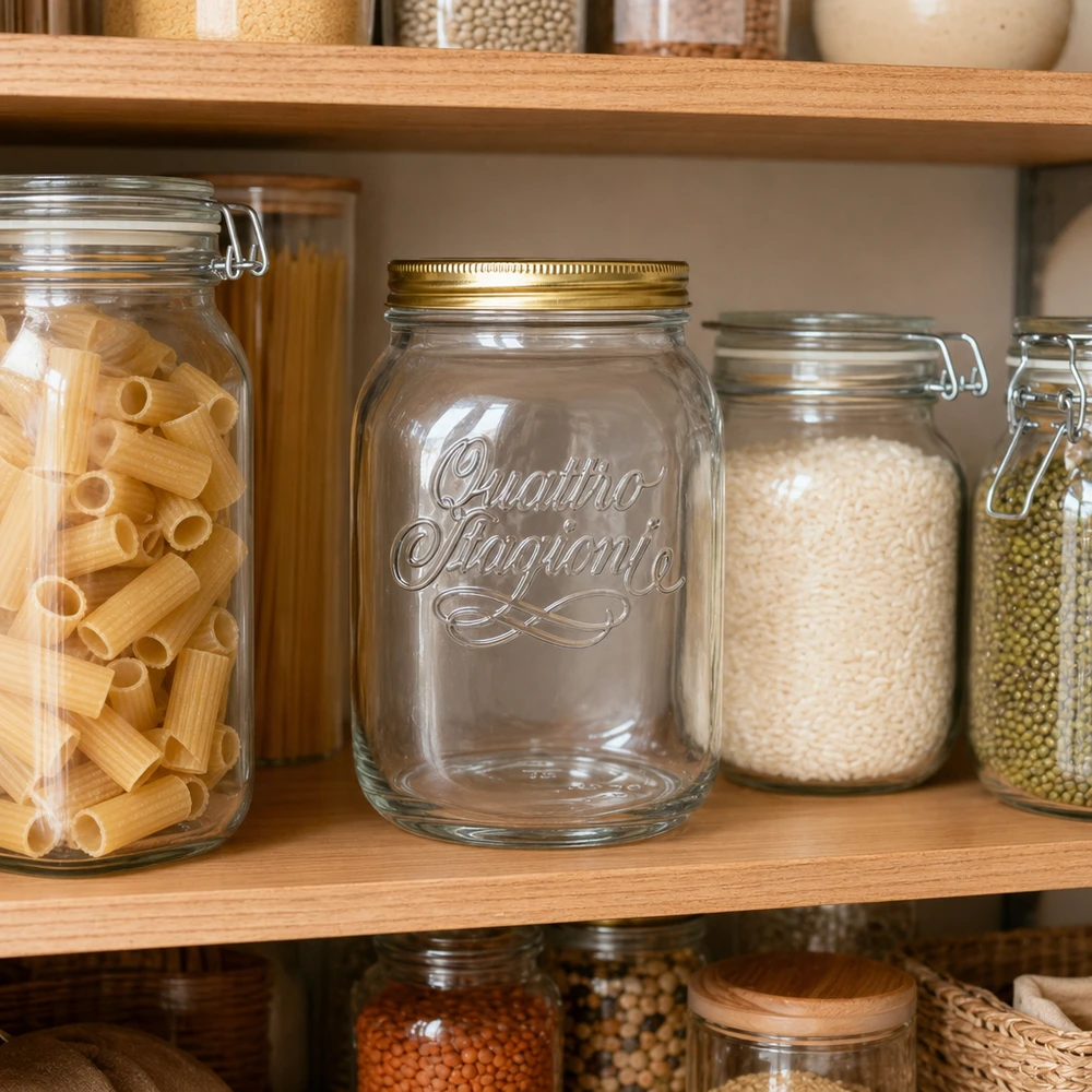 2000ml verre rond "Quattro Stagioni" avec couvercle Quattro Stagioni 2L bocal de stockage dans une cantine de cuisine organisée avec des pâtes et du riz - bocal de stockage pratique