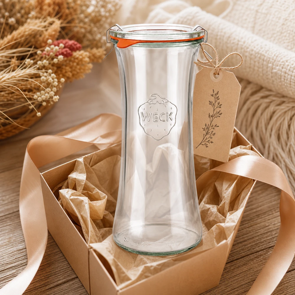 WECK Pot à délicatesse 700ml RR80 comme cadeau emballé avec un ruban et un pendentif dans une décoration rustique