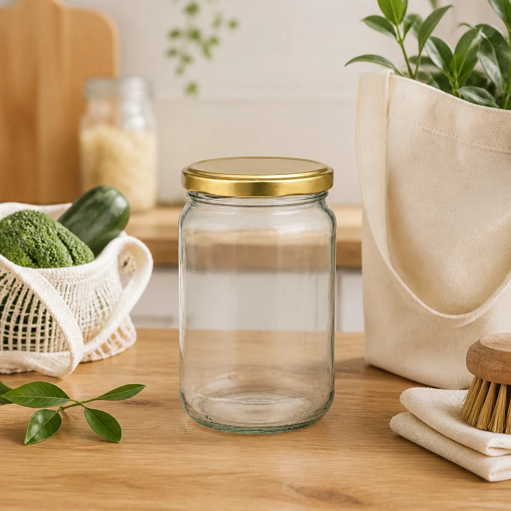305ml Verre rond avec couvercle BasicSeal or UNiTWIST 305ml Rundglas BasicSeal UNiTWIST gold in nachhaltiger Küchenszene mit Öko-Tasche und Zero-Waste-Zubehör