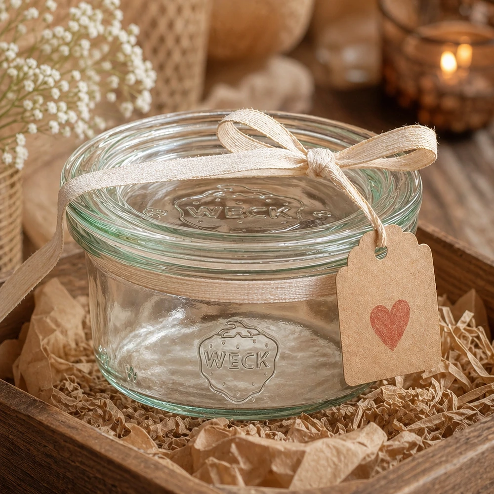 50ml bocal conique avec bouchon en verre WECK RR60 WECK Pot renversé 50ml décoratif comme cadeau avec ruban et pendentif en forme de cœur présenté dans une ambiance rustique