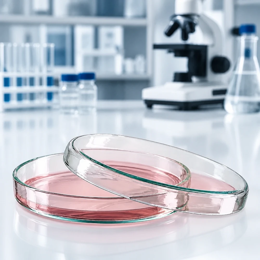 Boîte de Petri en verre 90x15 mm Deux boîtes de Pétri en verre de 90 x 15 mm contenant un milieu de culture cellulaire de couleur rose dans un laboratoire de recherche