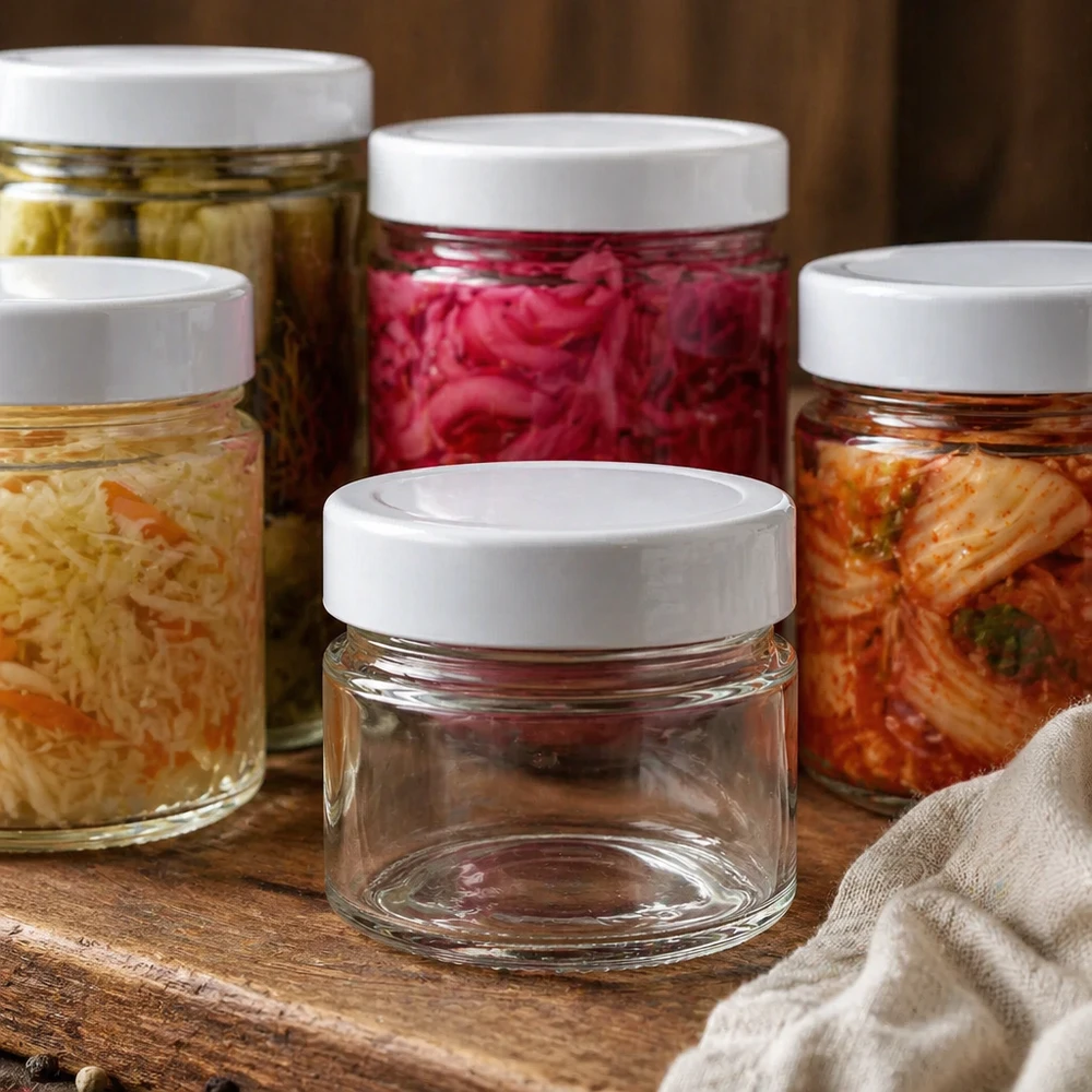 80ml Verre rond avec couvercle BasicSeal blanc UNiTWIST Bocal rond vide de 80 ml avec couvercle blanc BasicSeal à côté de bocaux remplis de légumes marinés et fermentés