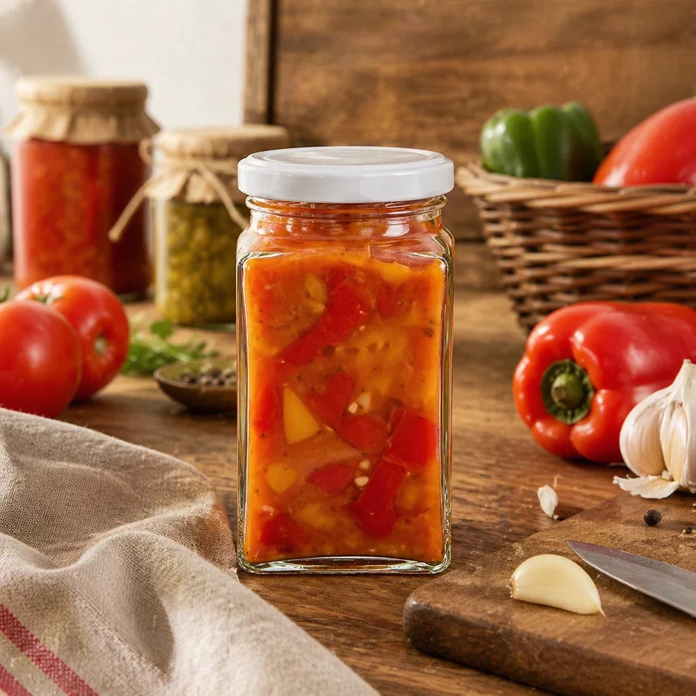 260ml Tetraglas BasicSeal rempli de légumes à tartiner aux côtés de poivrons de tomates et d'ail cuisine rustique mise en conserve