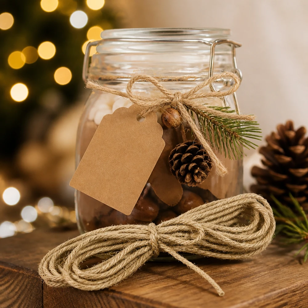Corde naturelle en jute 300cm comme décoration de Noël avec des pommes de pin et des étiquettes de cadeaux sur un verre décoré pour la fête