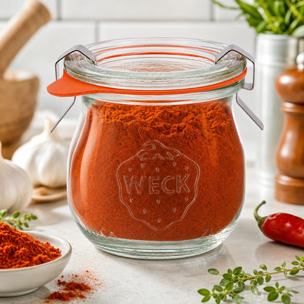 75ml bocal tulipe complet WECK RR40 WECK Pot tulipe 75ml RR40 rempli de paprika en poudre dans une cuisine d'épices méditerranéenne avec des herbes fraîches et du chili
