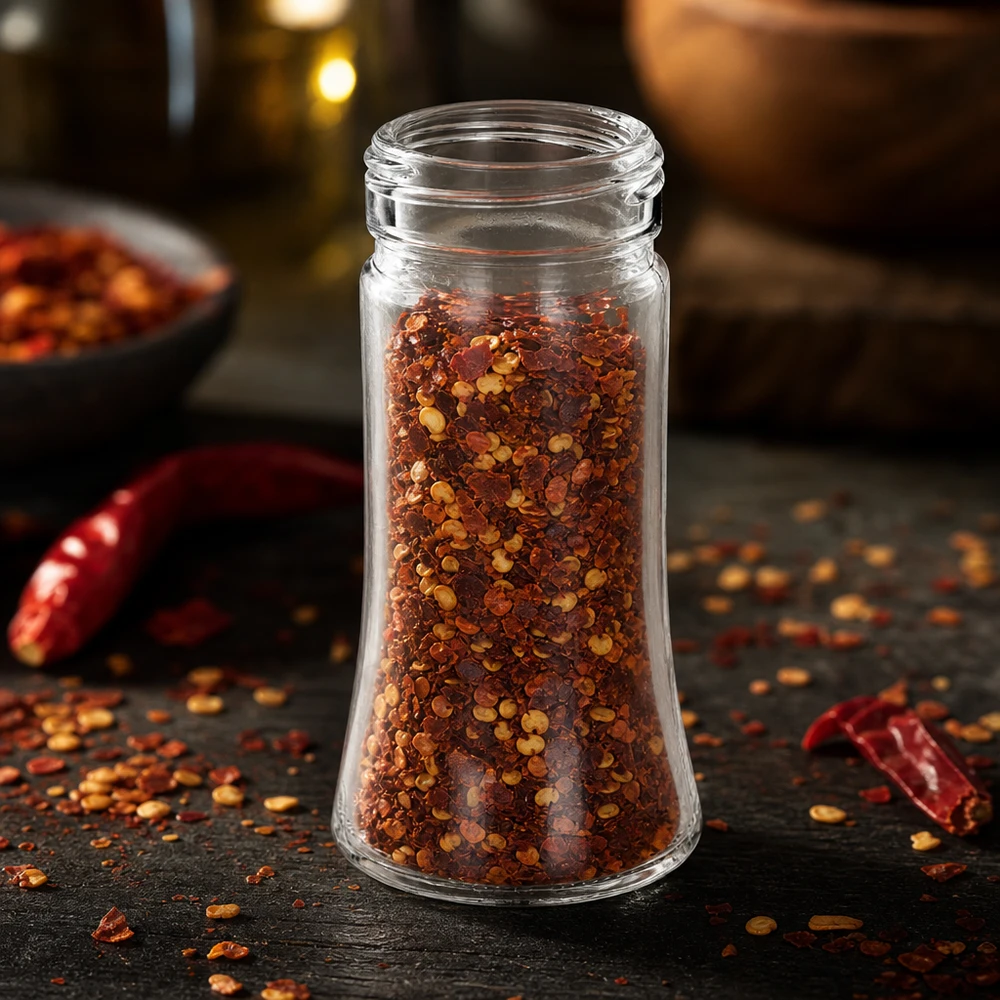 Pot à épices de forme trapézoïdale 95 ml avec filetage 41 mm, en verre clair sans couvercle Pot à épices Bobby de 95 ml rempli de flocons de piment, posé sur un socle rustique en bois foncé