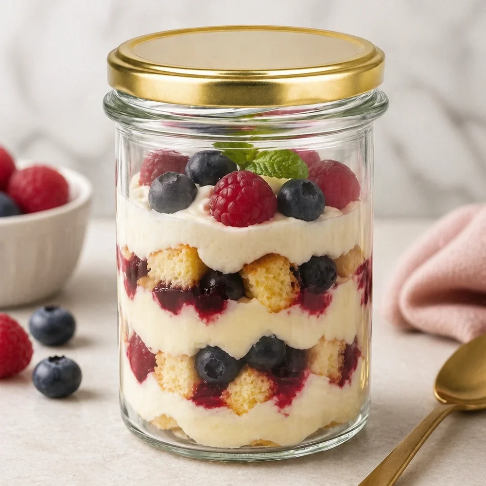 Verre renversé BasicSeal 230ml couvercle or UNiTWIST rempli de crème dessert aux baies comme verre à dessert