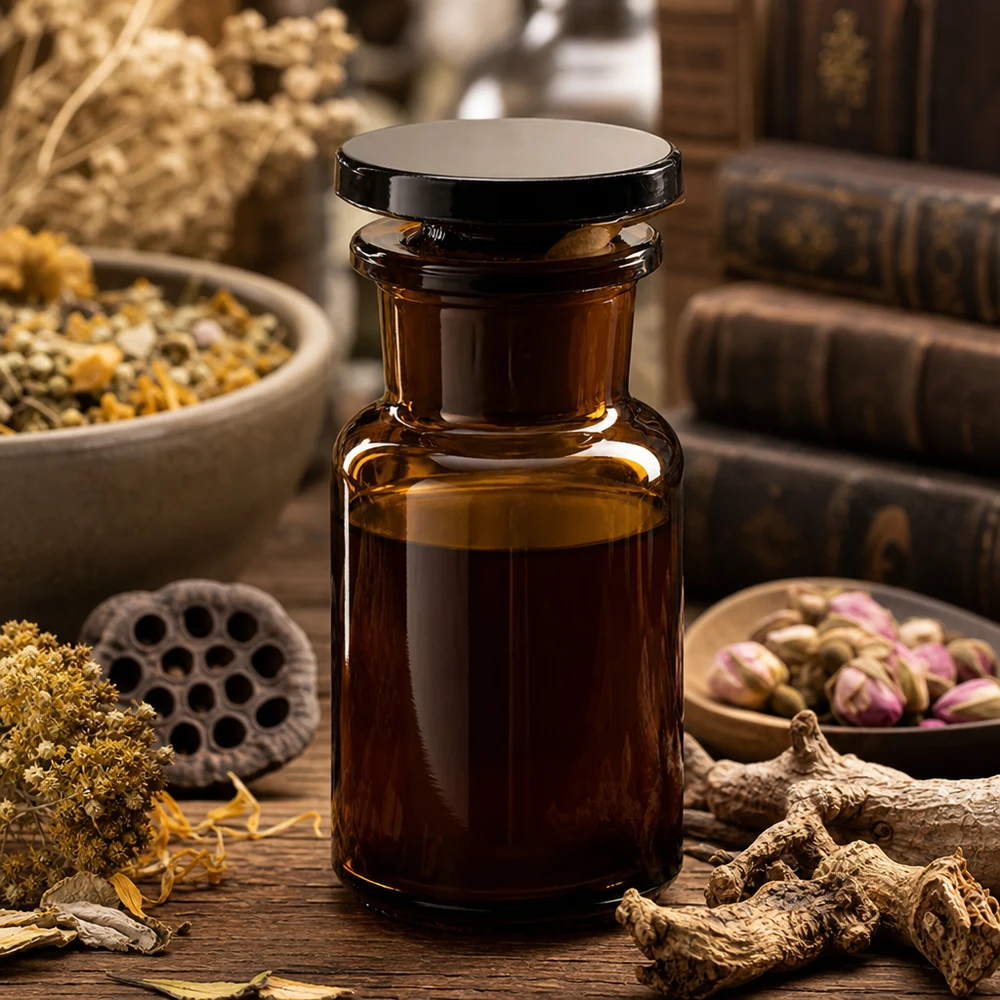 Flacon pharmaceutique 50 ml col large + bouchon verre ambré Petite bouteille en verre brun de 50 ml à col large, munie d'un bouchon et entourée d'herbes médicinales et de racines séchées