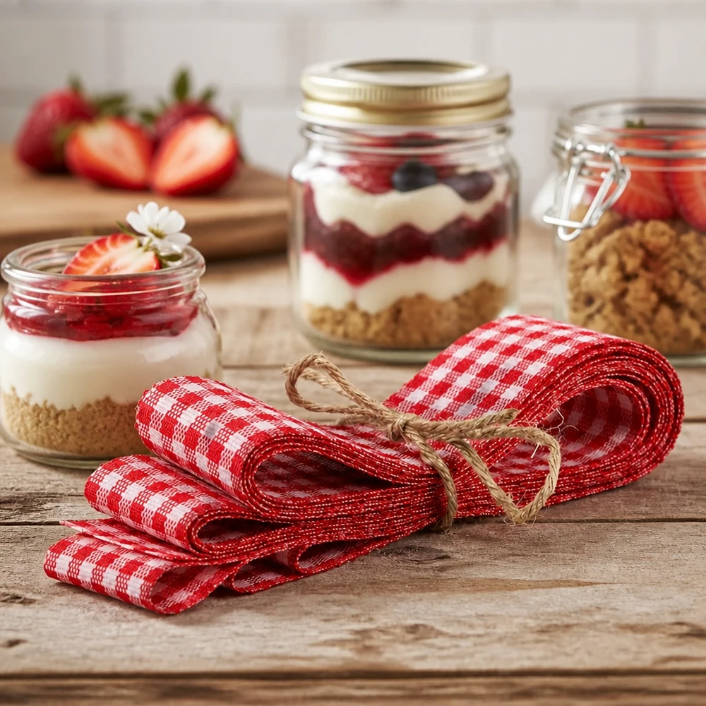 Bande de tissu à carreaux rouge et blanc 300cm avec boucle en jute à côté de desserts faits maison dans un verre sur un fond en bois