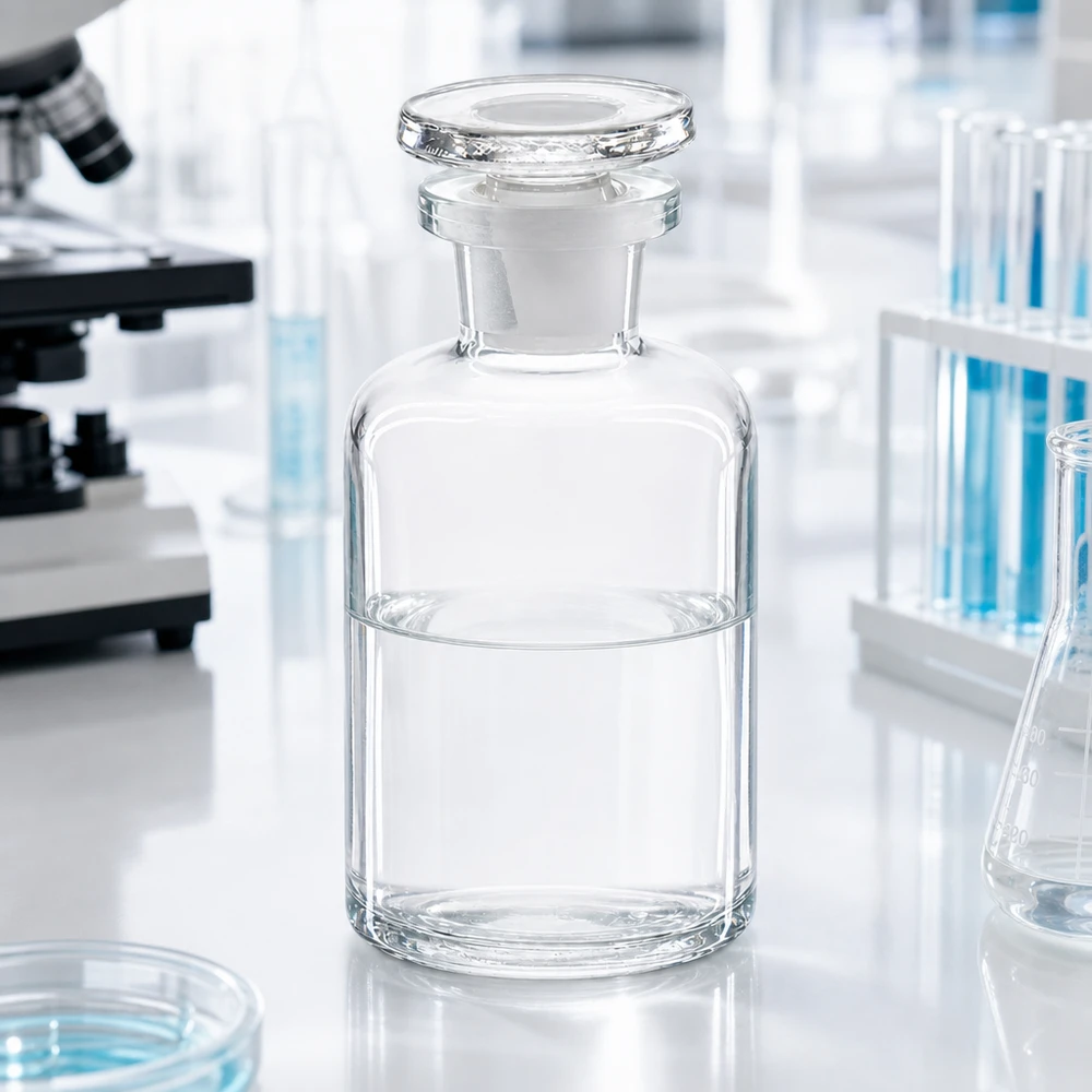Flacon de laboratoire refermable de 50 ml à col étroit, muni d'un bouchon en verre et présentant une épaulement arrondi caractéristique