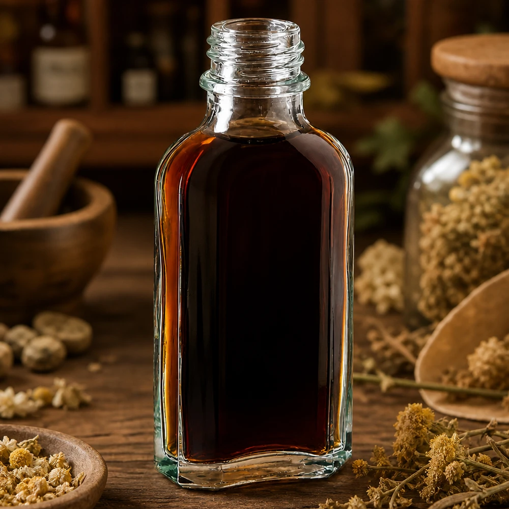 Petite bouteille en verre de 50 ml contenant un extrait d'herbes foncé, munie d'un bouchon DIN22