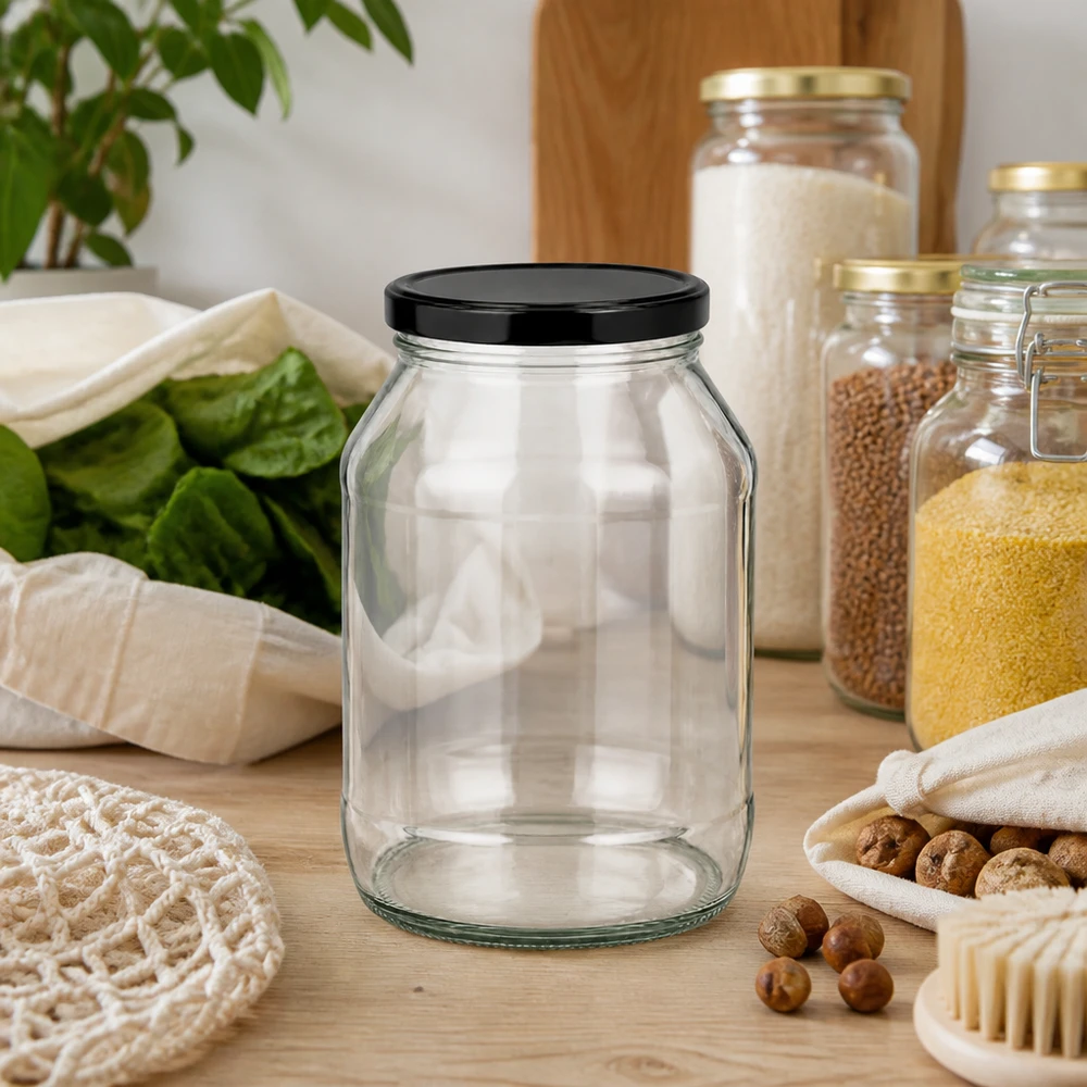 2650ml Verre rond avec couvercle BasicSeal noir UNiTWIST Leeres 2650ml Rundglas mit schwarzem Deckel auf Holztisch mit Nüssen Getreide und nachhaltigen Küchenutensilien