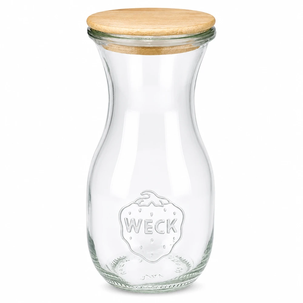 WECK Bouteille de jus de fruits 290ml en verre avec couvercle en bois et logo en relief sur fond blanc