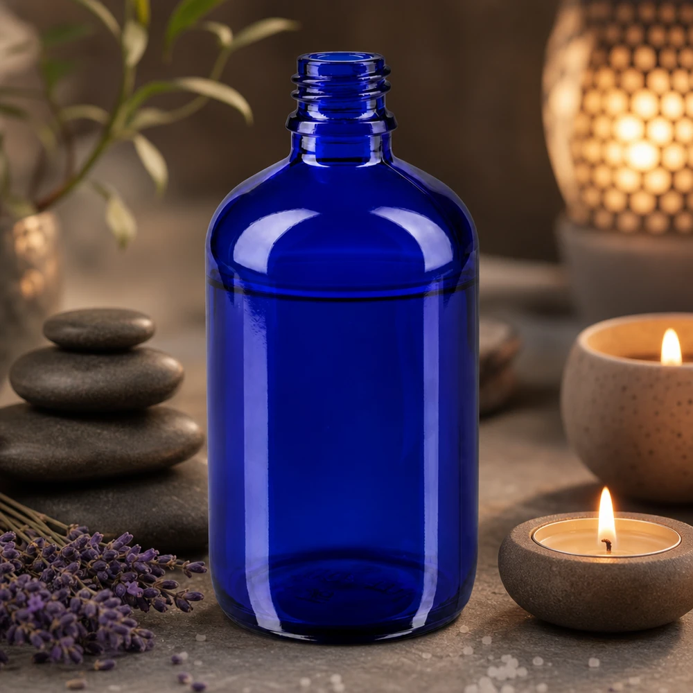 Flacon compte-gouttes 100 ml DIN18 - verre bleu Bouteille compacte de 100 ml en verre spécial bleu - parfaite pour les voyages et les déplacements