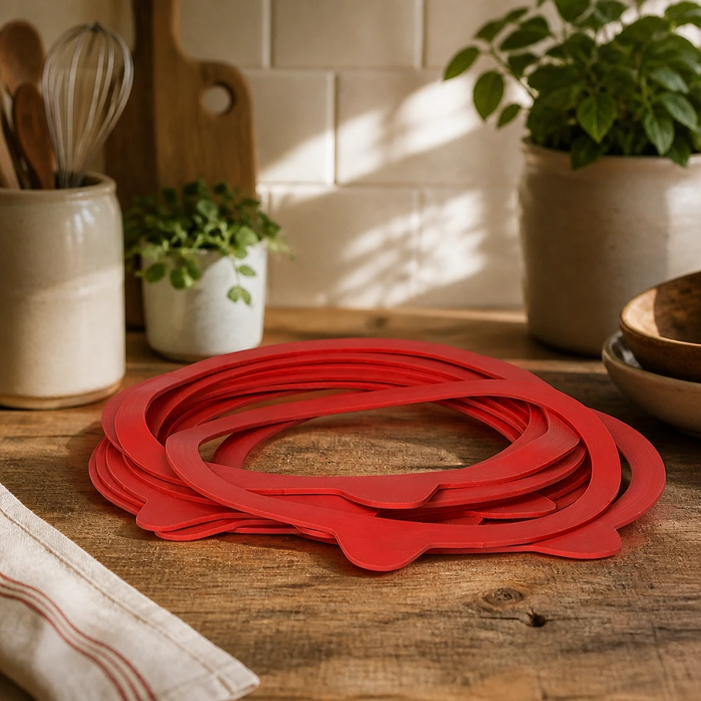Bague d'étanchéité en caoutchouc naturel RR120 Anneaux de mise en conserve rouges RR120 en caoutchouc naturel, posés en éventail sur un plan de travail en bois dans une cuisine confortable avec des pots d'herbes aromatiques