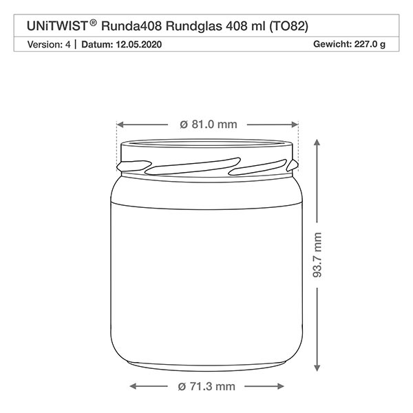 UNiTWIST Runda408 verre rond 408ml TO82 dessin technique avec dimensions diamètre 81mm hauteur 93,7mm poids 227g