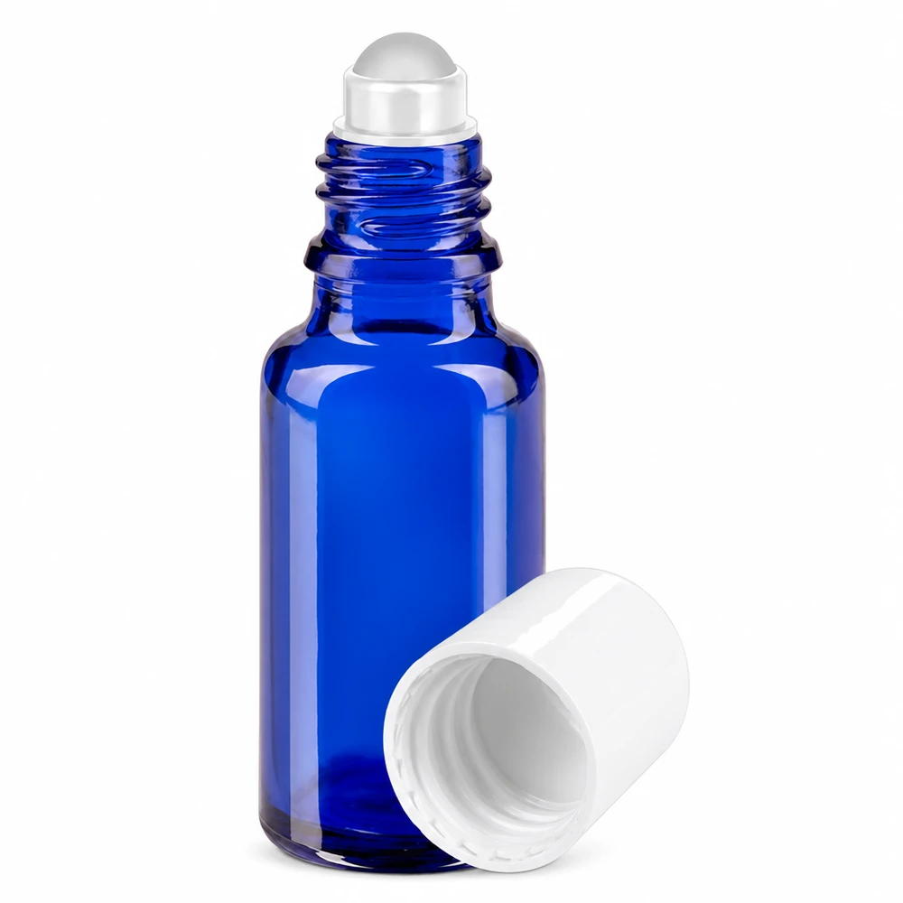 Flacon roll-on bleu de 20 ml en verre de pharmacie, avec bouchon blanc et bille