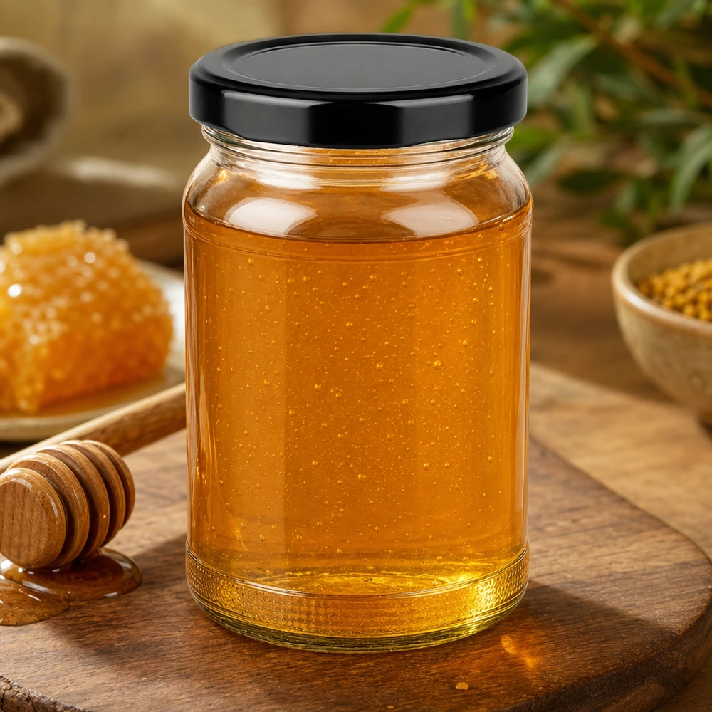 UNiTWIST Pot rond 110ml rempli de miel avec couvercle TO48 noir sur table en bois à côté du nid d'abeille et de la cuillère à miel