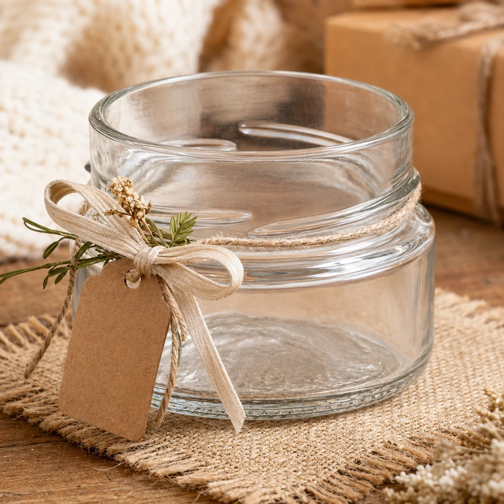 UNiTWIST Runda80 Pot rond 80ml TO58deep Pot de conserve vide avec couvercle et ruban sur table rustique en bois