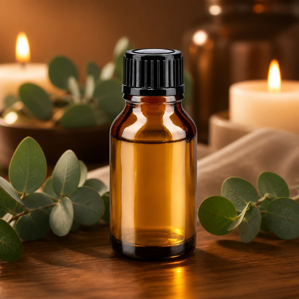 Flacon en verre brun 15ml avec bouchon à vis noir Petit flacon de pharmacie de 15 ml, marron avec un bouchon noir, devant des bougies et de l'eucalyptus