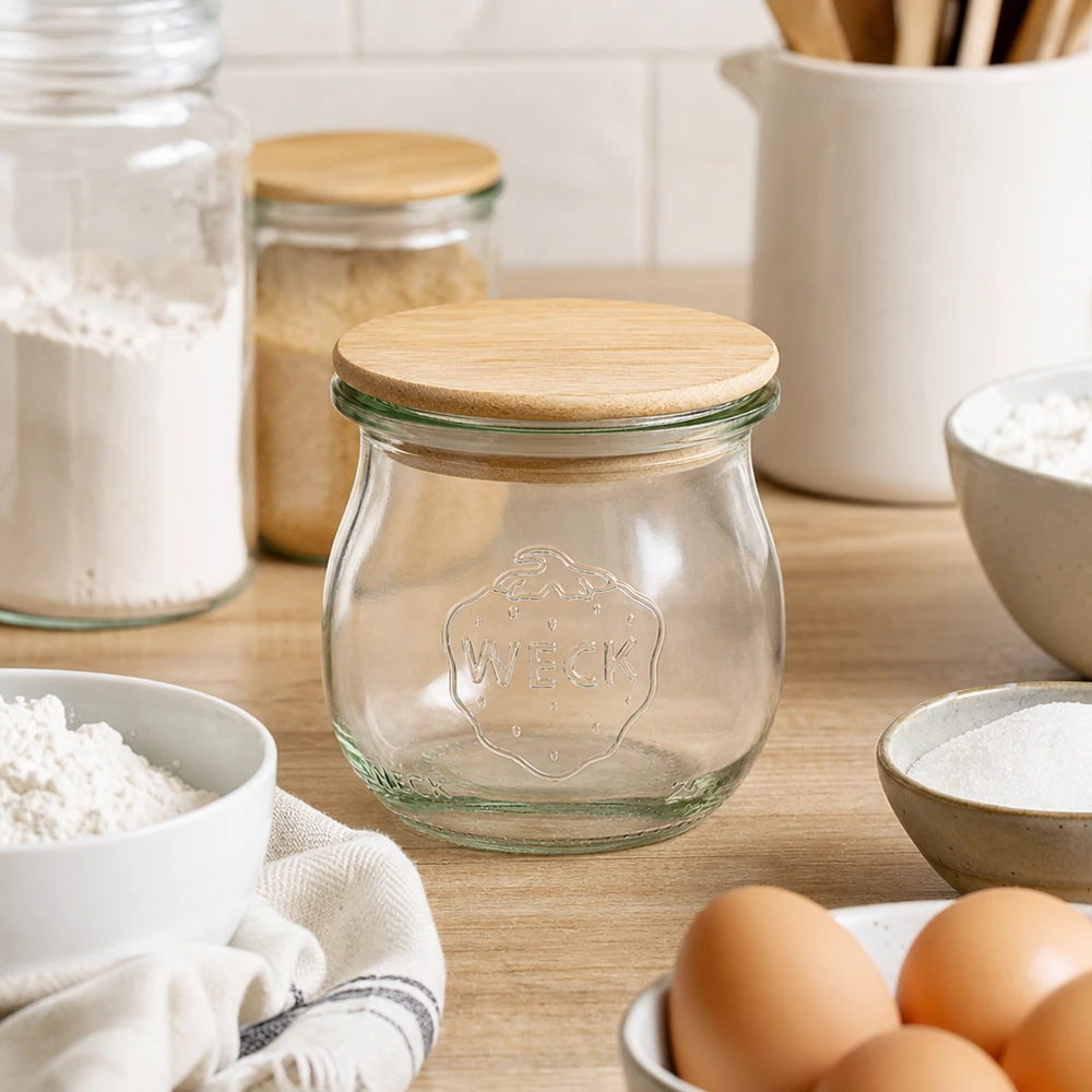 Pot tulipe 75ml WECK RR40 avec couvercle en bois WECK Pot tulipe RR40 75ml avec couvercle en bambou dans une cuisine moderne entouré d'œufs de farine et d'ustensiles de cuisine