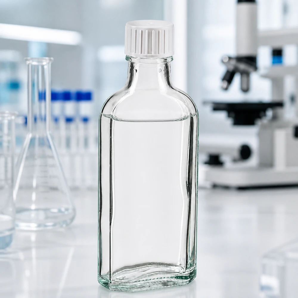 Flacon en verre transparent de 100 ml avec bouchon à vis blanc et anneau verseur, en laboratoire