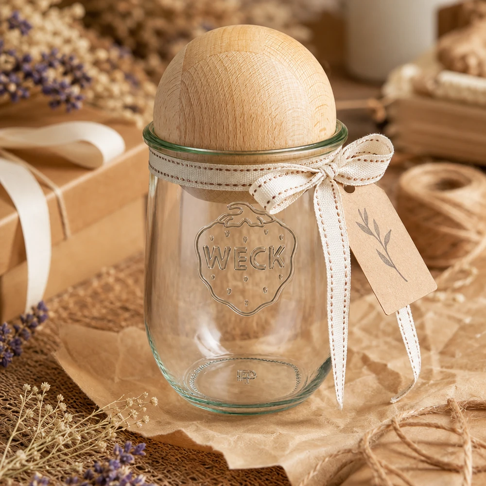 WECK Bocal à provisions RR100 1062ml avec couvercle en forme de boule en hêtre dans une décoration naturelle de maison de campagne avec lavande et ruban en bois