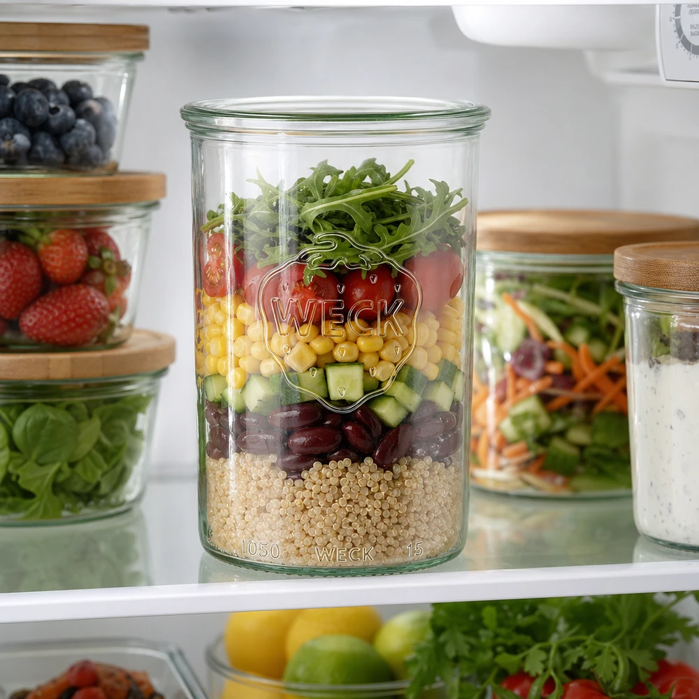Bocal en verre WECK RR100 de 1 000 ml WECK Sturzglas 1000ml mit buntem Schichtsalat im Kühlschrank - perfekt für Meal Prep und stylische Aufbewahrung