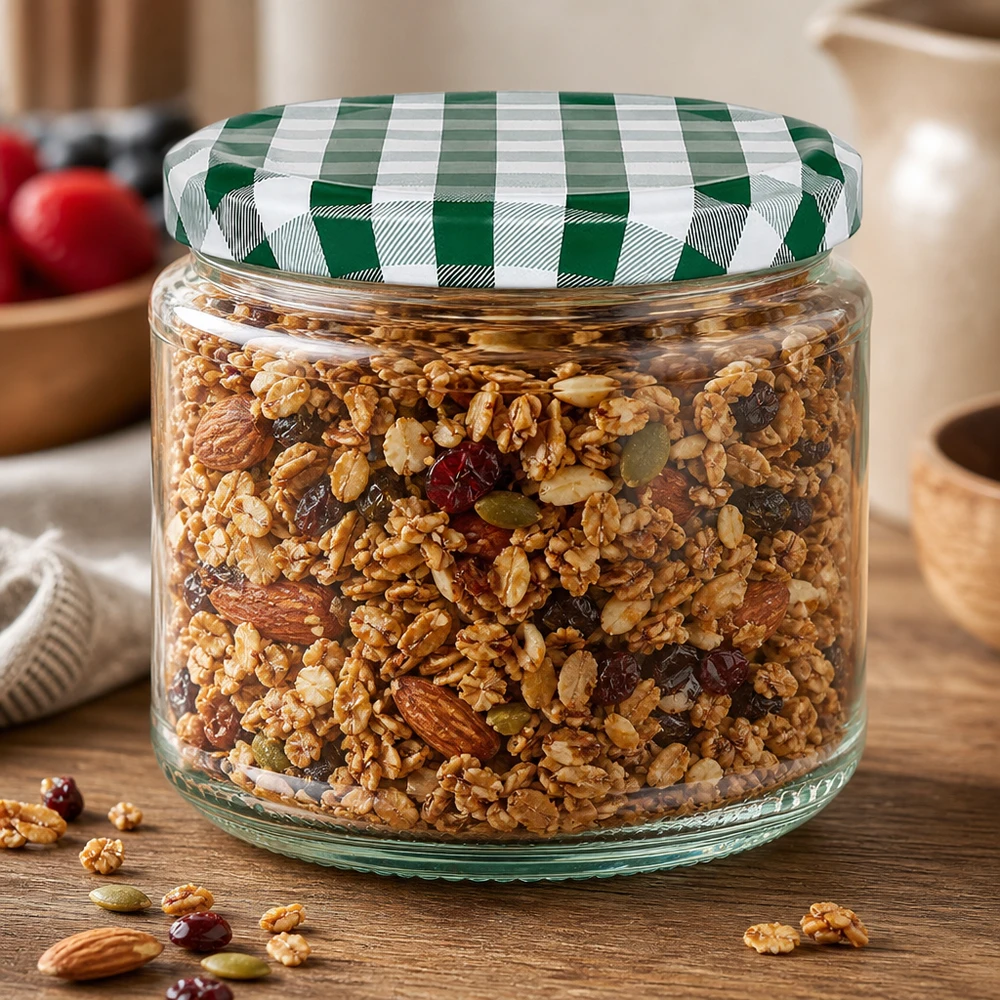 330ml Verre rond avec couvercle BasicSeal vert/blanc UNiTWIST Rundglas 330ml gefüllt mit Müsli und Nüssen, grün-weißer BasicSeal Deckel, perfekt für Vorratshaltung in der Küche