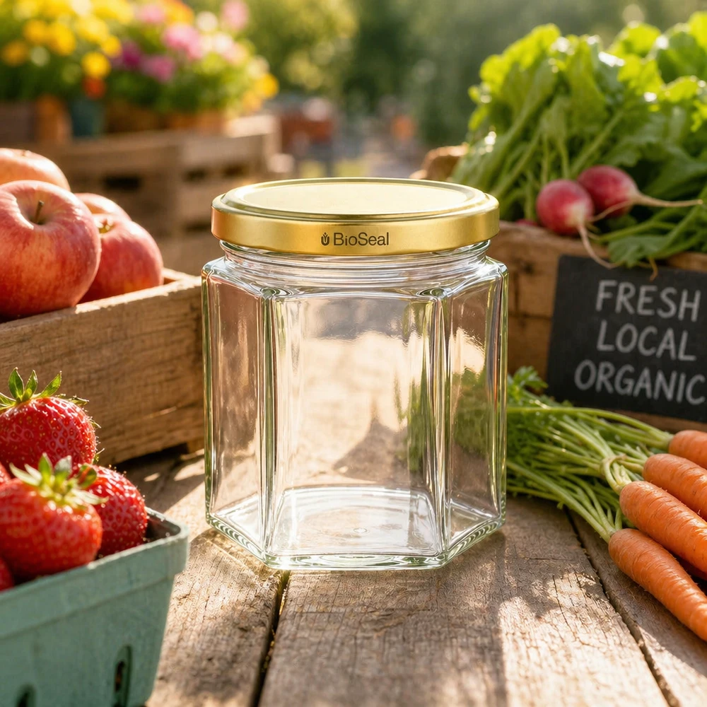 Bocal en verre vide UNiTWIST Hexa47 avec couvercle BioSeal doré entre des fruits et légumes frais bio sur une table en bois