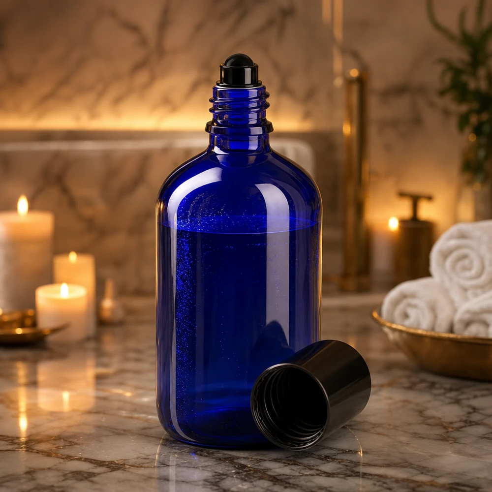 Flacon roll-on de 100 ml ouvert, de couleur bleu cobalt, avec un bouchon noir, posé sur du marbre