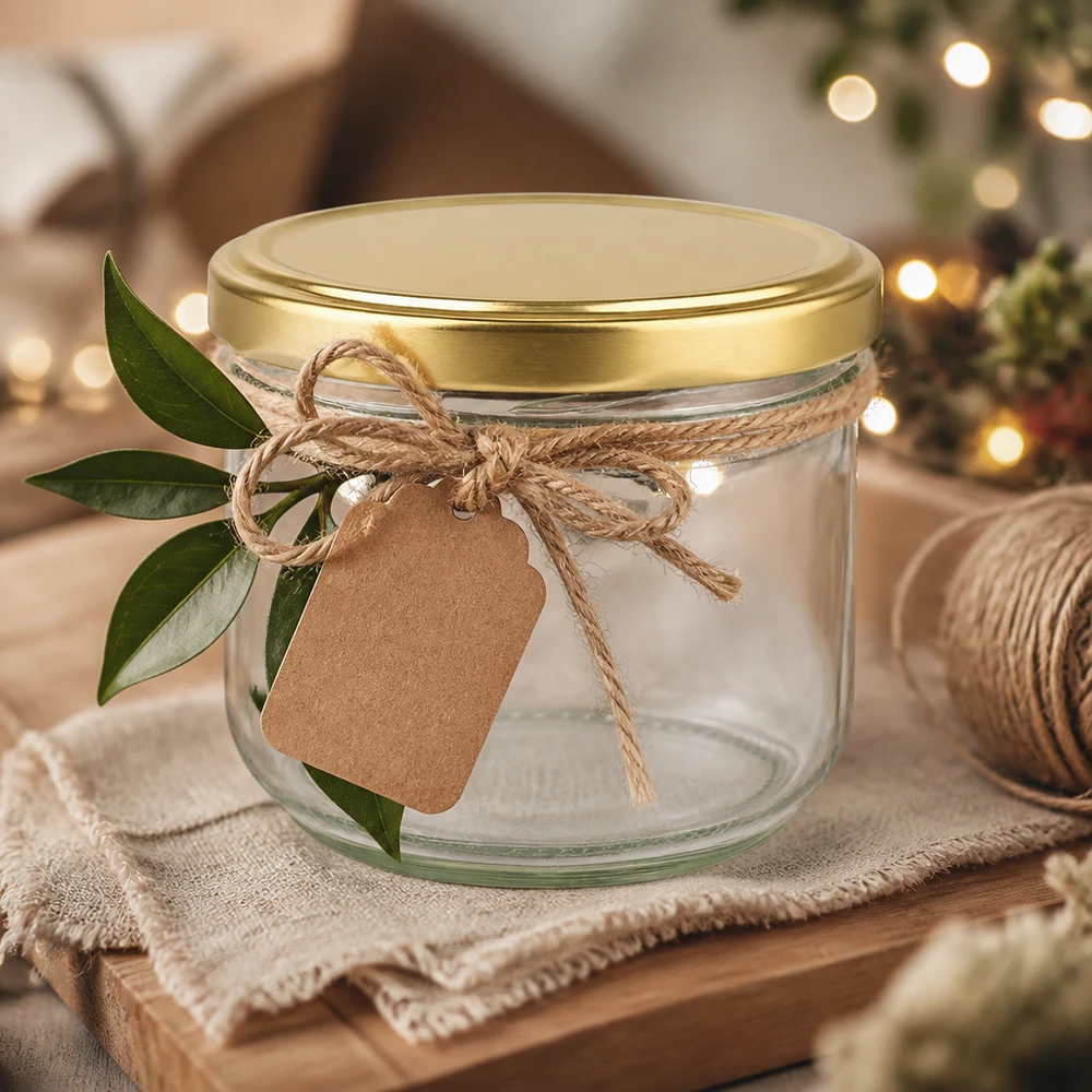 260ml Verre conique avec couvercle BasicSeal or UNiTWIST Verre renversé de 260 ml BasicSeal Couvercle doré UNiTWIST décoré pour Noël avec ruban en raphia et étiquette cadeau