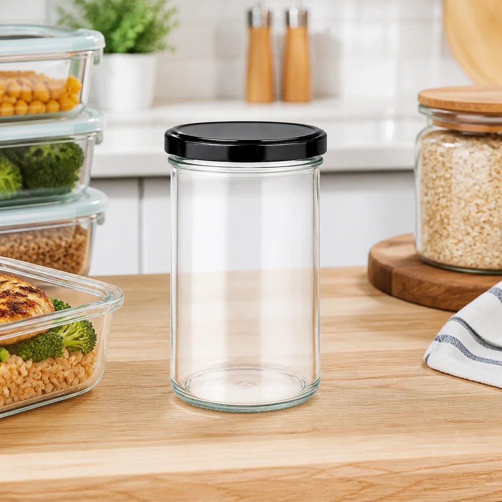 230ml Verre conique avec couvercle BasicSeal noir UNiTWIST 277ml Sturzglas in moderner Küche als Vorratsglas für Lebensmittel neben Meal-Prep-Behältern auf Holzarbeitsplatte