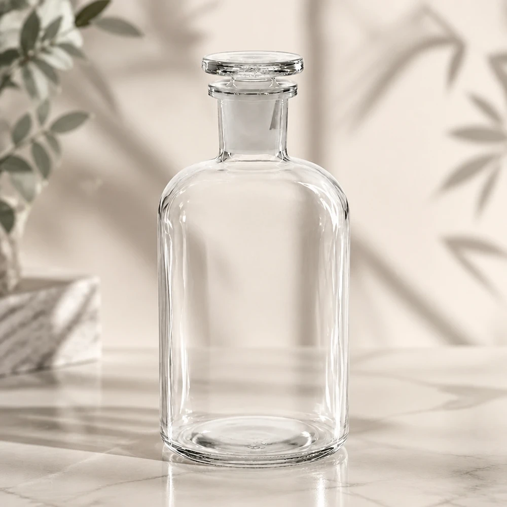 Bouteille à épaules arrondies de 500 ml, à col étroit, transparente, avec un bouchon plat en verre transparent