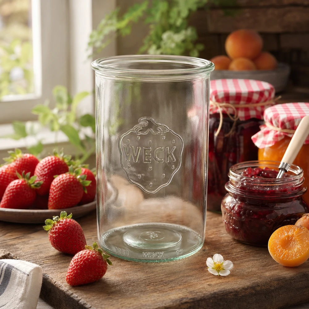 1000ml WECK Pot renversé RR100 Pot de conservation sur table en bois avec fraises fraîches et confiture maison