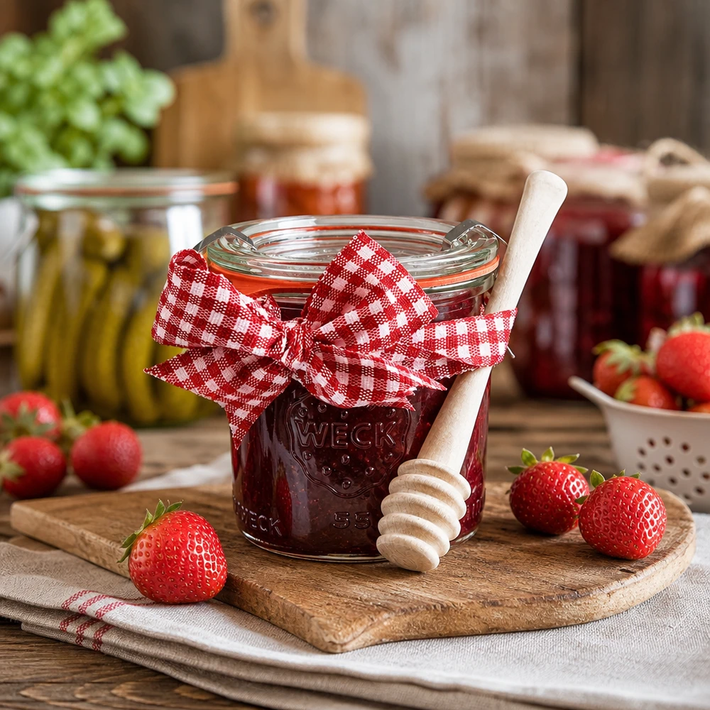 WECK Verre renversé 140ml rempli de confiture de fraises Cuillère à miel en bois fraises fraîches cuisine rustique mise en conserve