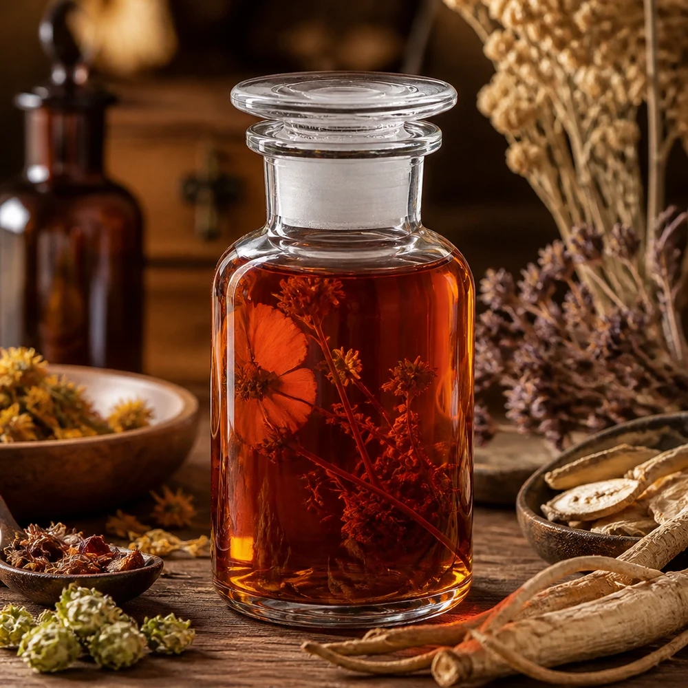 Bouteille en verre transparent à col large de 250 ml contenant une teinture à base de plantes, avec bouchon en verre, posée sur une table en bois