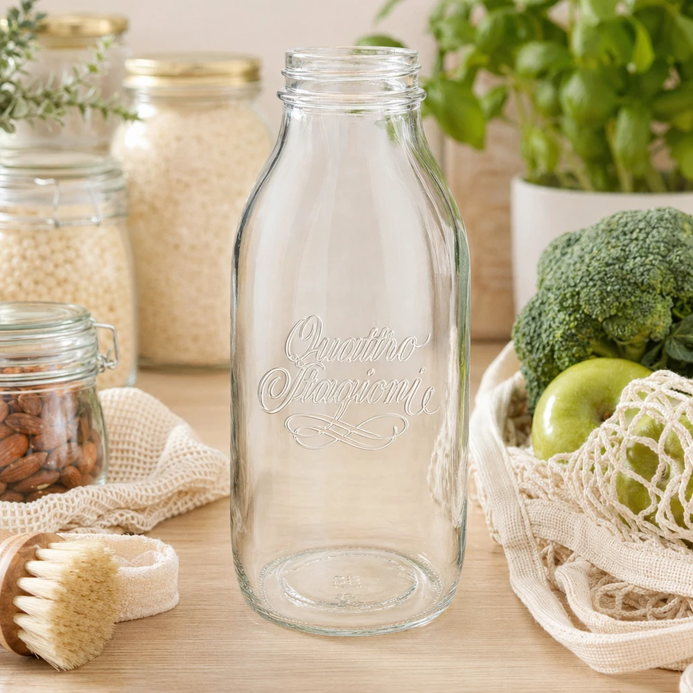 Bouteille en verre à col large 1000ml Quattro Stagioni avec inscription gravée sur une table en bois à côté d'aliments frais